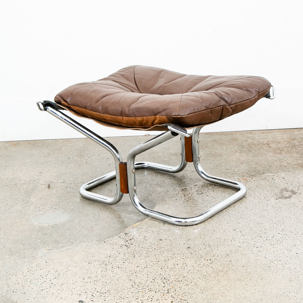 Mid Century Modern Ottoman Foot Stool Brown Leather Relling Rosewood Chrome Mcm