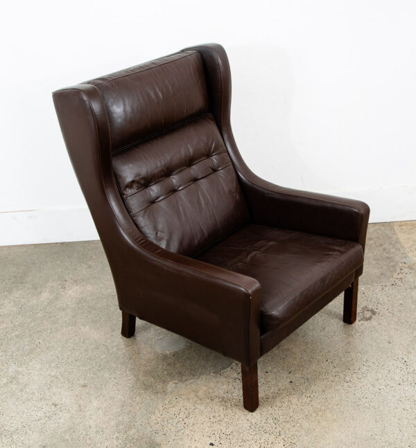 Mid Century Danish Modern Lounge Chair Brown Leather Armchair Denmark High Back Wingback Chocolate - Image 3