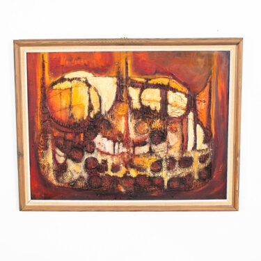 Mid Century Modern Painting Art Abstracted Expressionist Dark Reds Orange Yellow