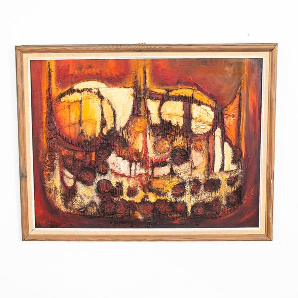 Mid Century Modern Painting Art Abstracted Expressionist Dark Reds Orange Yellow