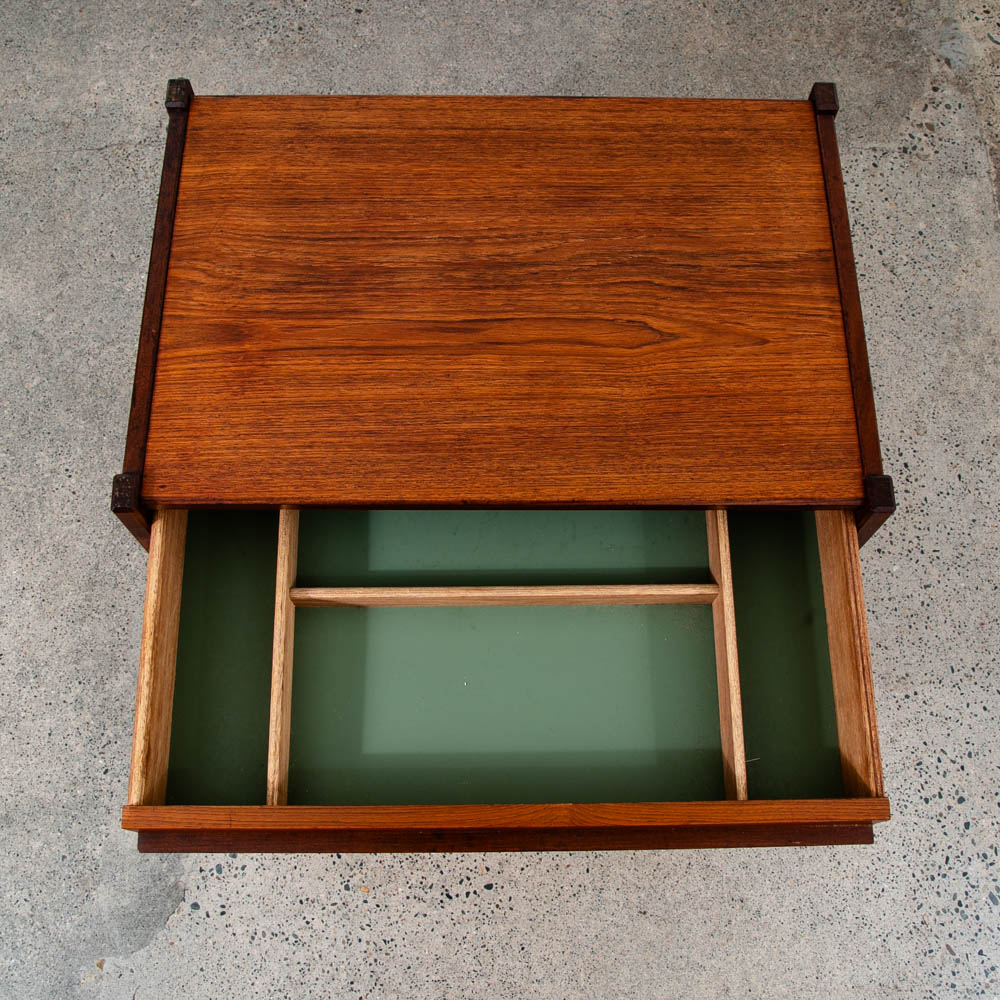 Mid Century Danish Modern Sewing Table Cabinet Rolling Cart Denmark Teak Basket - Image 12