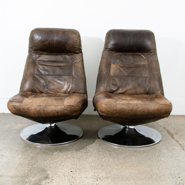 Mid Century Modern Lounge Chairs Swivel Brown Leather Chrome Italian Set Danish - Image 3