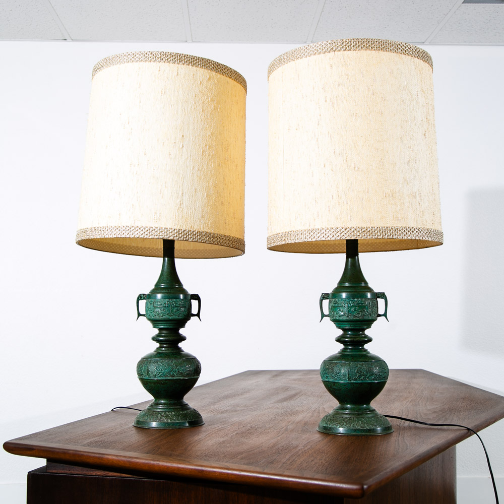 Mid Century Modern Table Lamp Set Pair Light Cast Brass Asian Green Two Light