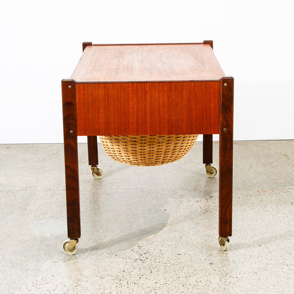 Mid Century Danish Modern Sewing Table Cabinet Rolling Cart Denmark Teak Basket - Image 3
