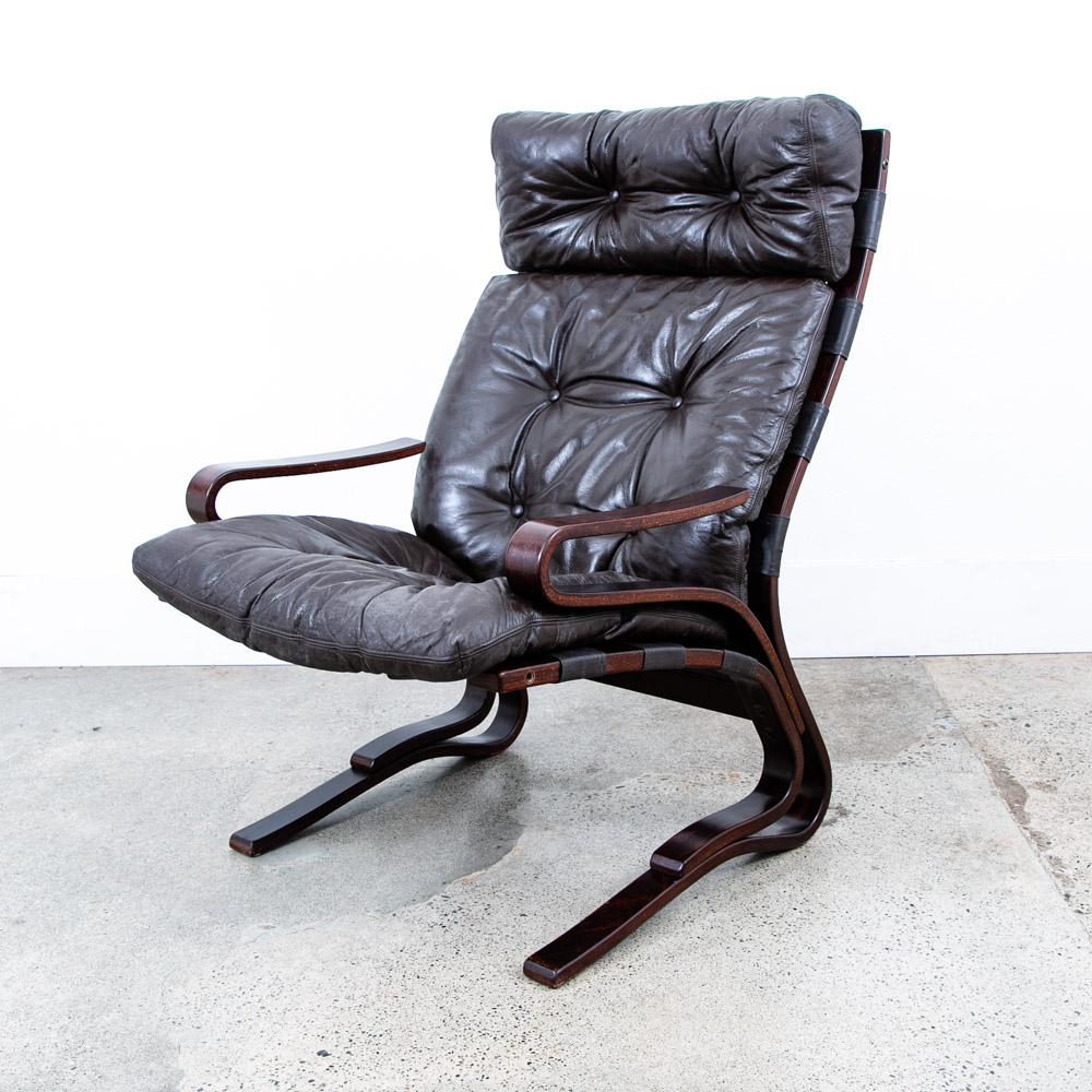 Mid Century Danish Modern Lounge Chair Brown Leather Bentwood Vintage Highback