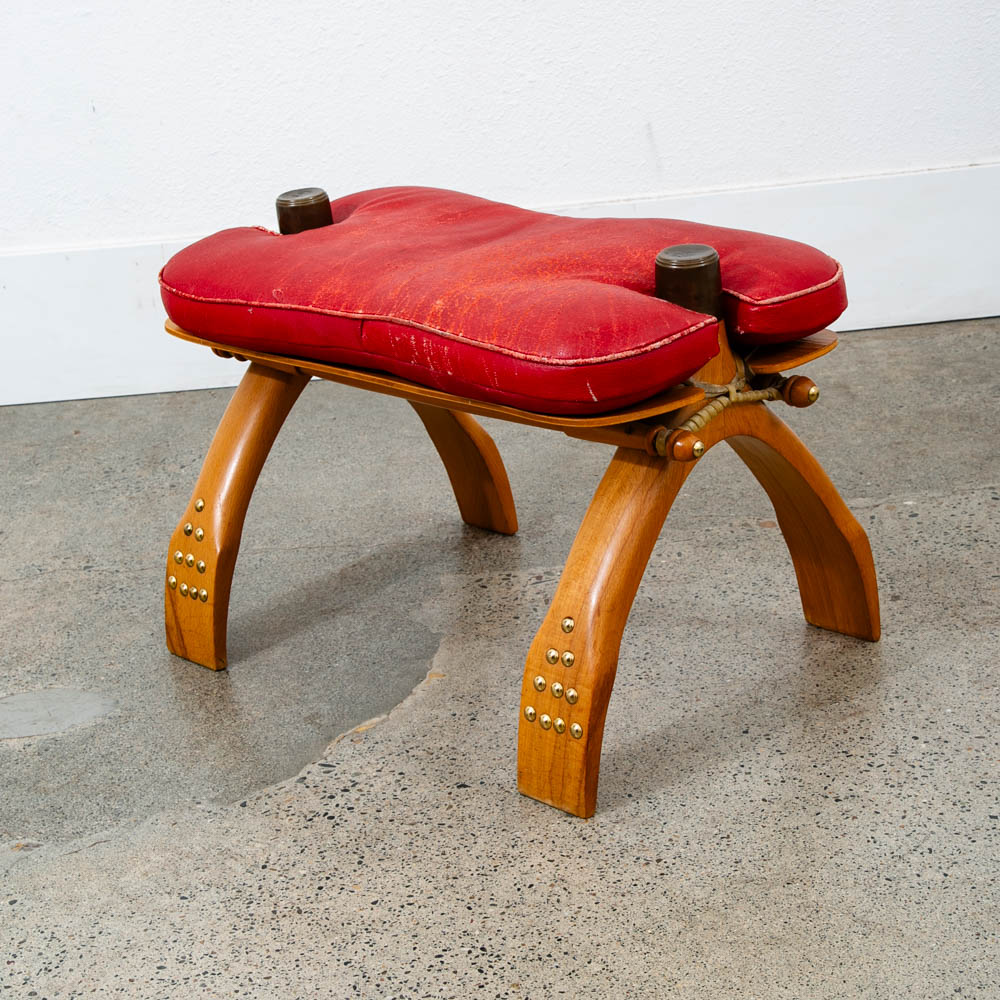 Mid Century Danish Modern Stool Seat Saddle Chair Ottoman Red Leather Vintage