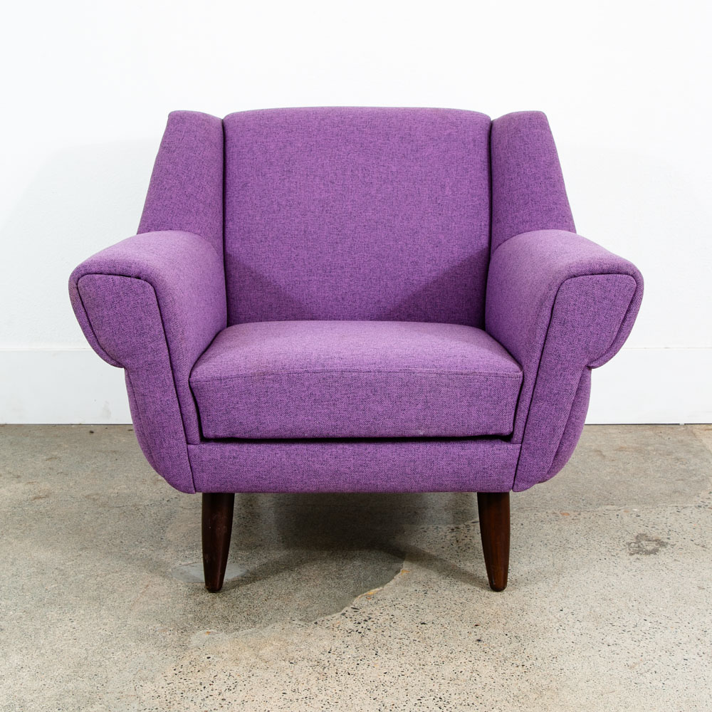 Mid Century Modern Lounge Chairs Purple Armchairs Tweed Pair 2 Vintage Denmark - Image 4