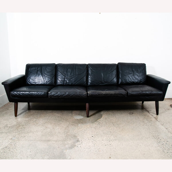 Mid Century Danish Modern Leather Sofa Couch 4 Seater Black Vintage Denmark Mcm - Image 2