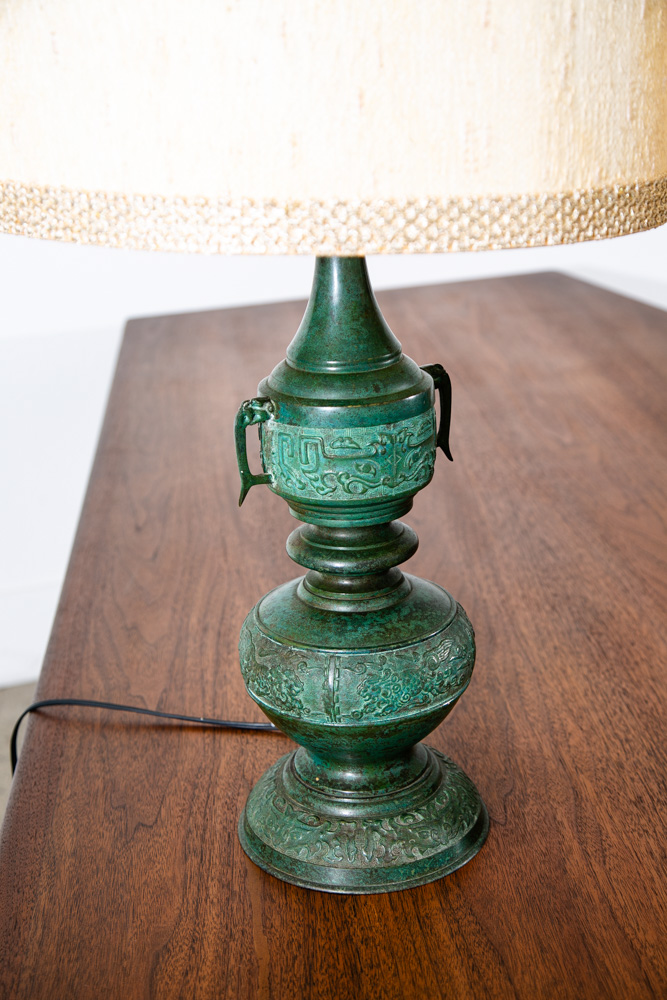 Mid Century Modern Table Lamp Set Pair Light Cast Brass Asian Green Two Light - Image 8