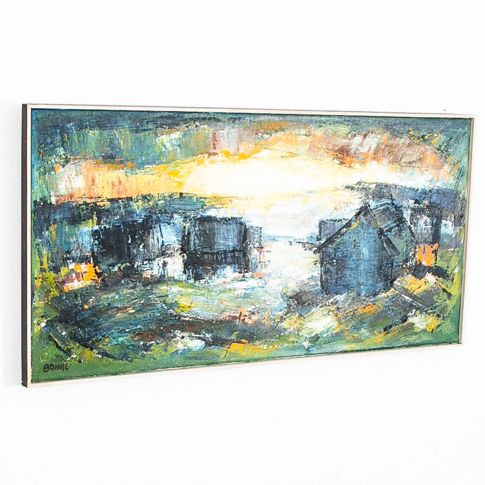 Mid Century Modern Landscape Painting Art Abstract Blues Black White Yellow Mcm - Image 9