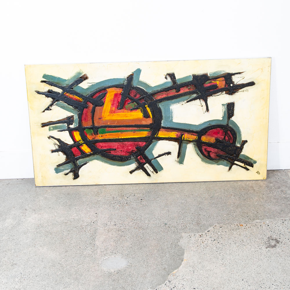 Mid Century Modern Wall Art Framed Abstract Expressionism Red Grey Black Yellow