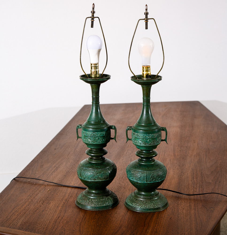 Mid Century Modern Table Lamp Set Pair Light Cast Brass Asian Green Two Light - Image 3