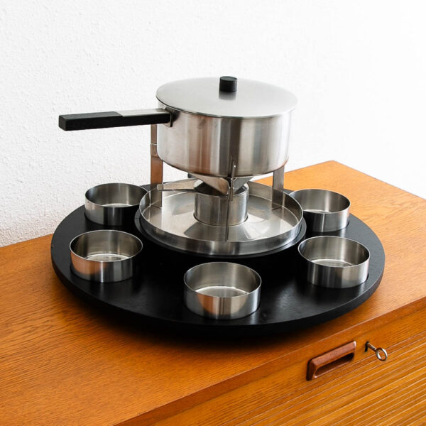 Mid Century Danish Modern Arne Jakobsen Fondue Ebony Lazy Susan Set Stainless Steel - Image 2