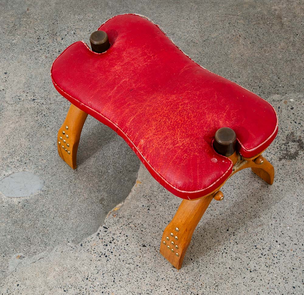 Mid Century Danish Modern Stool Seat Saddle Chair Ottoman Red Leather Vintage - Image 5