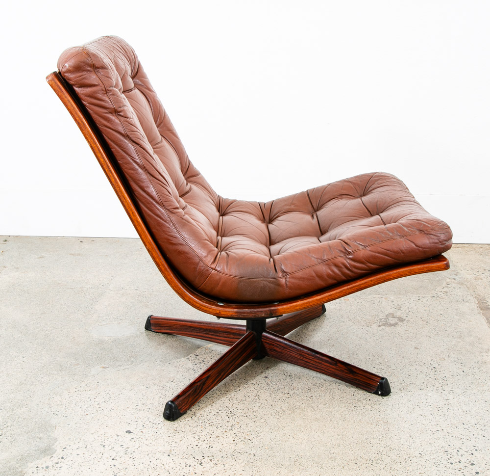 Mid Century Danish Modern Lounge Chair Swivel Brown Leather Tufted G Mobel Mcm - Image 3