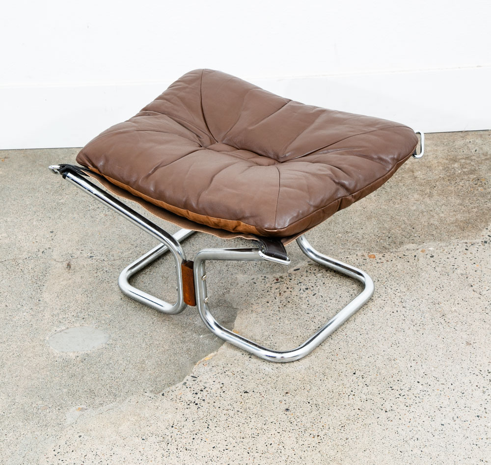 Mid Century Modern Ottoman Foot Stool Brown Leather Relling Rosewood Chrome Mcm - Image 4