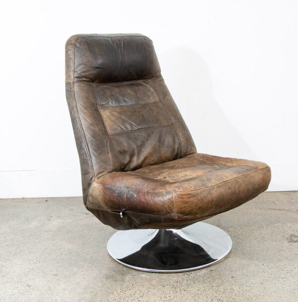 Mid Century Modern Lounge Chairs Swivel Brown Leather Chrome Italian Set Danish - Image 8