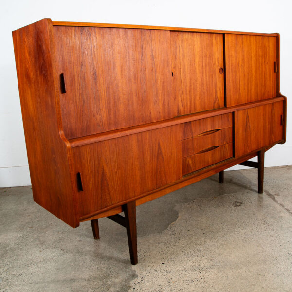 Mid Century Danish Modern Credenza Highboard Teak Sliding Door 3 drawers 2 tier