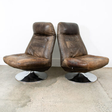 Mid Century Modern Lounge Chairs Swivel Brown Leather Chrome Italian Set Danish