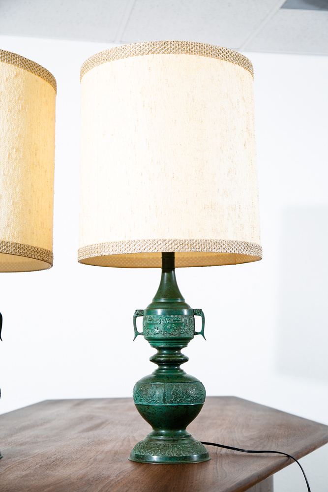 Mid Century Modern Table Lamp Set Pair Light Cast Brass Asian Green Two Light - Image 5