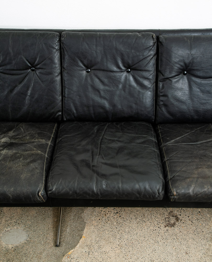 Mid Century Danish Modern Leather Sofa Couch 4 Seater Black Metal Frame 87" Mcm - Image 12
