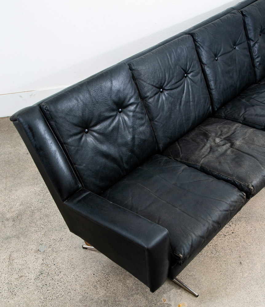 Mid Century Danish Modern Leather Sofa Couch 4 Seater Black Metal Frame 87" Mcm - Image 10