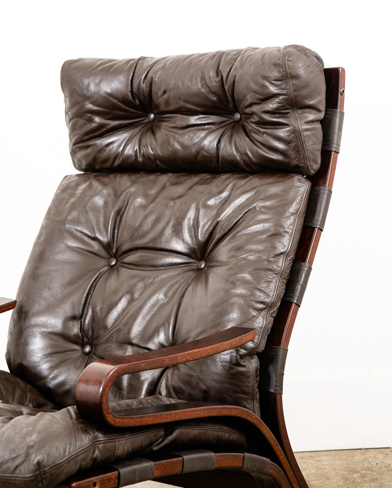 Mid Century Danish Modern Lounge Chair Brown Leather Bentwood Vintage Highback - Image 6