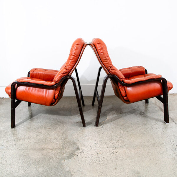 Mid Century Modern Lounge Chairs Leather Orange Cognac Tufted Pair Set Arm Two - Image 2