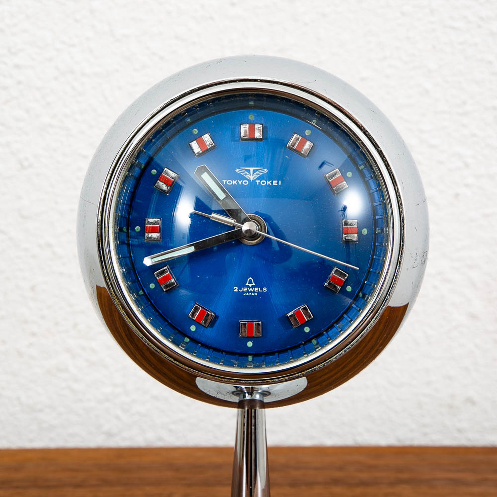 Mid Century Modern Alarm Clock Tokyo Tokei Space Age Chrome Orb Blue Pedestal - Image 3