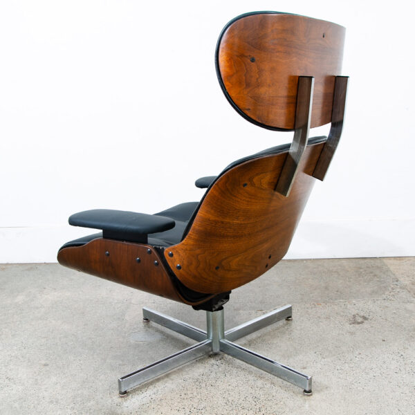 Mid Century Modern Lounge Chair Selig Plycraft Black Leather Swivel Walnut Metal - Image 4