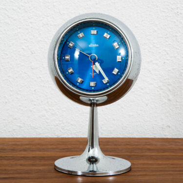 Mid Century Modern Alarm Clock Linden Japan Space Age Chrome Orb Blue Pedestal