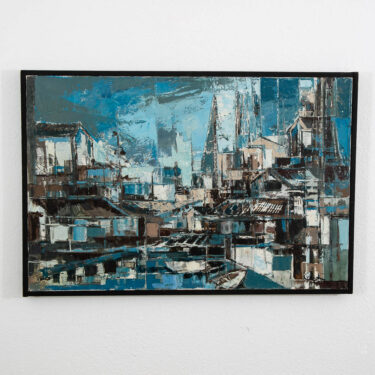 Mid Century Modern Abstract Cityscape Painting Original Art Blue Framed Signed