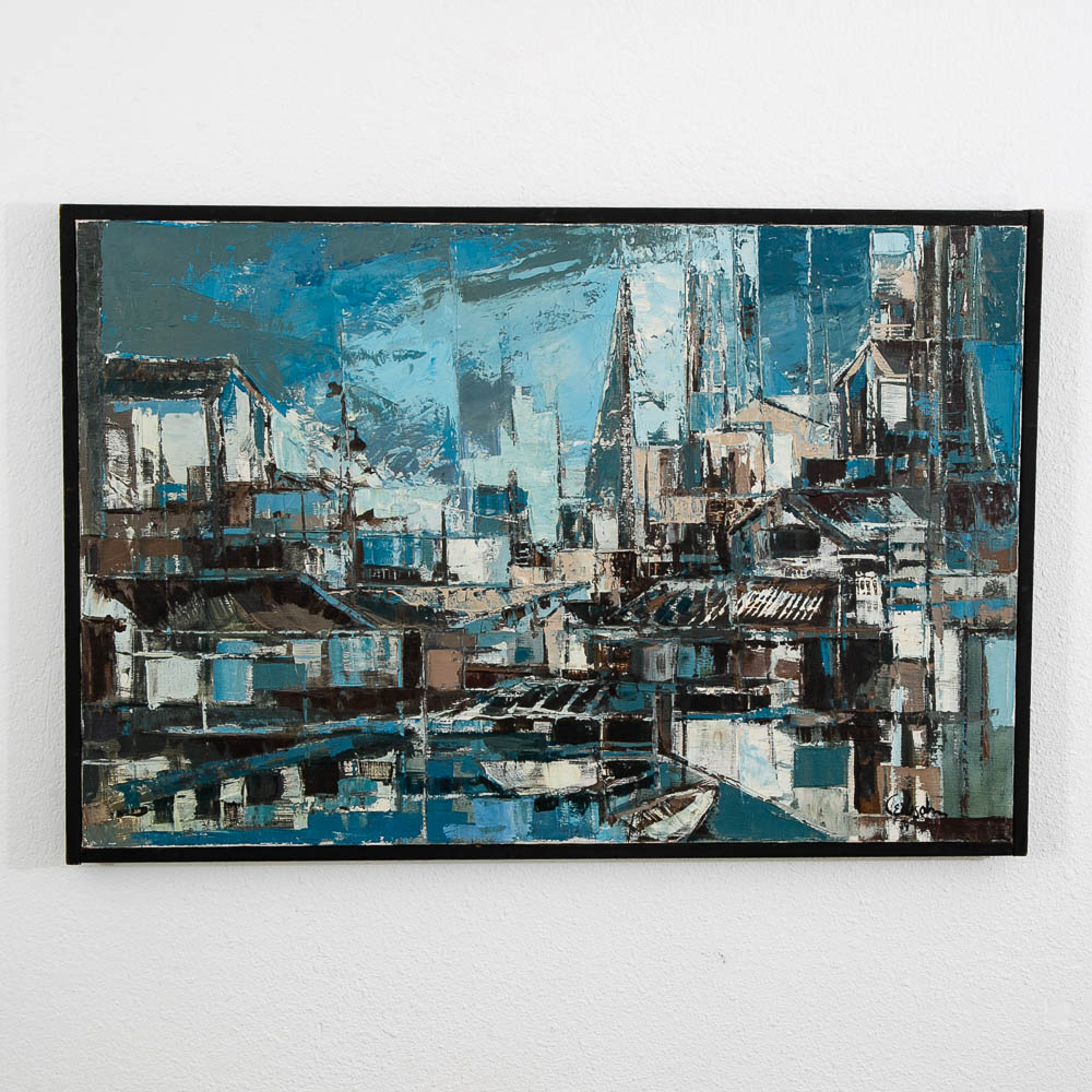 Mid Century Modern Abstract Cityscape Painting Original Art Blue Framed Signed