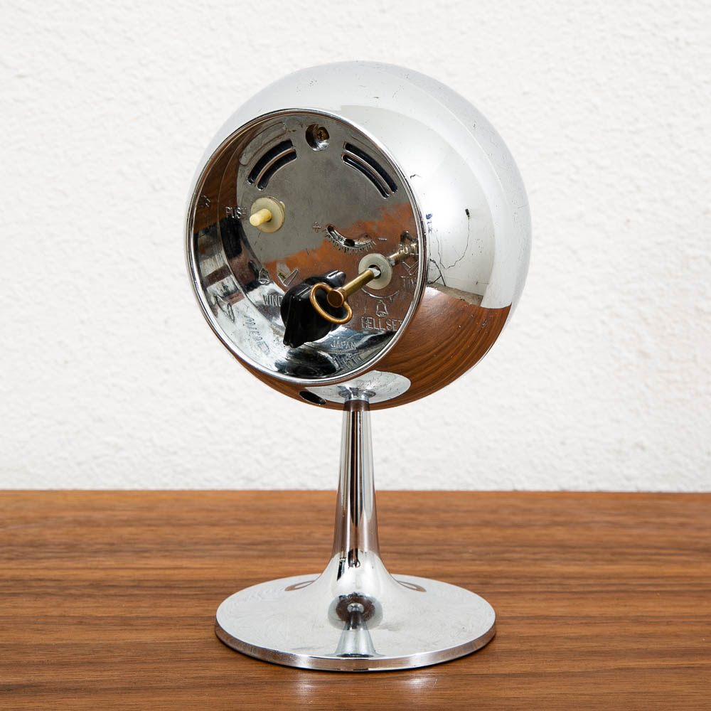 Mid Century Modern Alarm Clock Tokyo Tokei Space Age Chrome Orb Blue Pedestal - Image 6