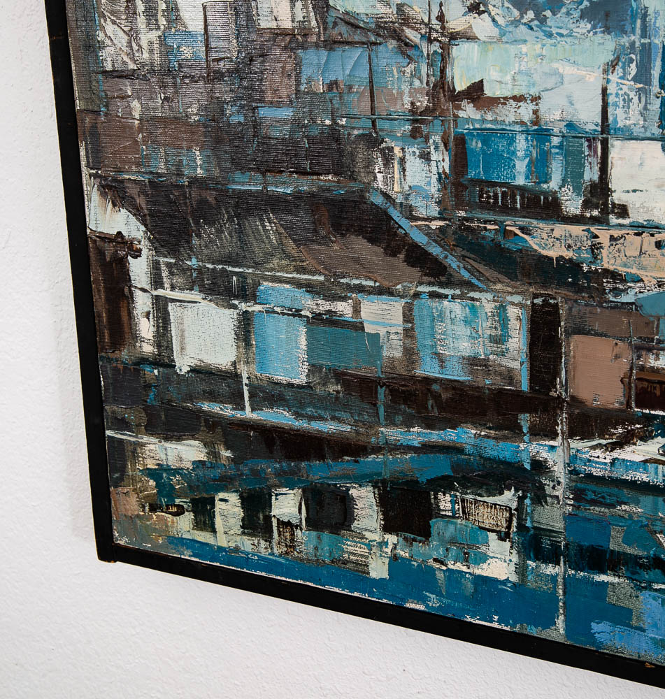 Mid Century Modern Abstract Cityscape Painting Original Art Blue Framed Signed - Image 7