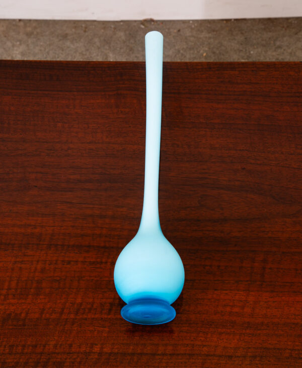Mid Century Modern Art Glass Vase Blue Opaline Round Pencil Neck Cased Floral - Image 4