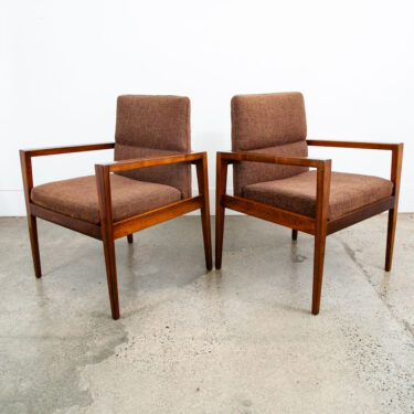 Mid Century Modern Lounge Chairs Jens Risom Walnut Pair Brown Armchairs Two Mcm