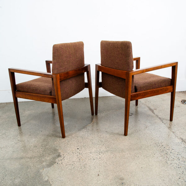 Mid Century Modern Lounge Chairs Jens Risom Walnut Pair Brown Armchairs Two Mcm - Image 3