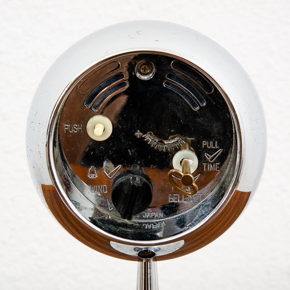 Mid Century Modern Alarm Clock Tokyo Tokei Space Age Chrome Orb Blue Pedestal - Image 7