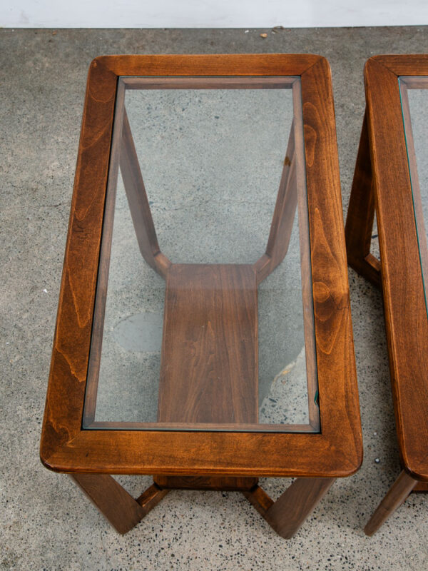 Mid Century  Modern End Tables Oak Glass Side Nightstands Shelf Pair Mcm - Image 7