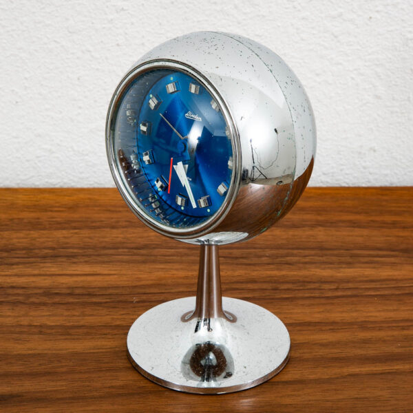 Mid Century Modern Alarm Clock Linden Japan Space Age Chrome Orb Blue Pedestal - Image 4