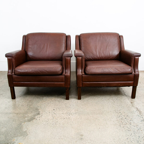 Mid Century Danish Modern Lounge Chairs Set Brown Leather Pair Two Chocolate Mcm