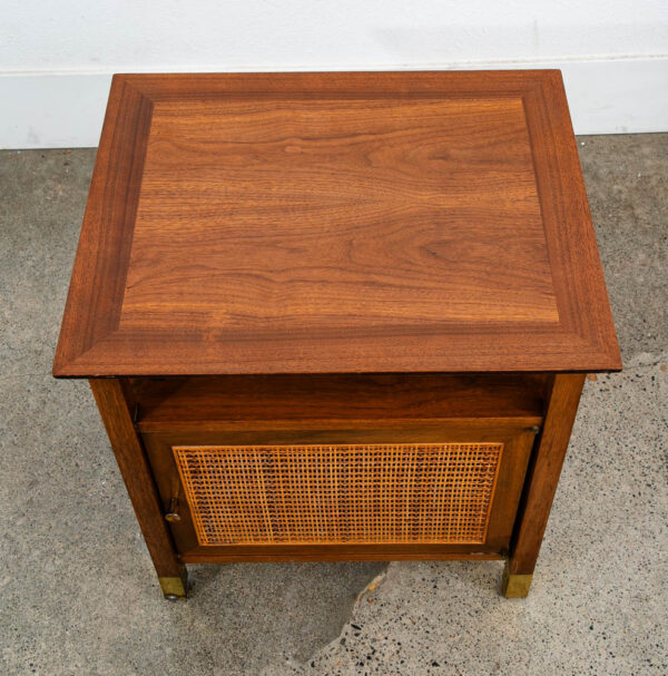 Mid Century Modern Nightstands End Side Tables Cane Walnut Founders Cabinet Set - Image 12