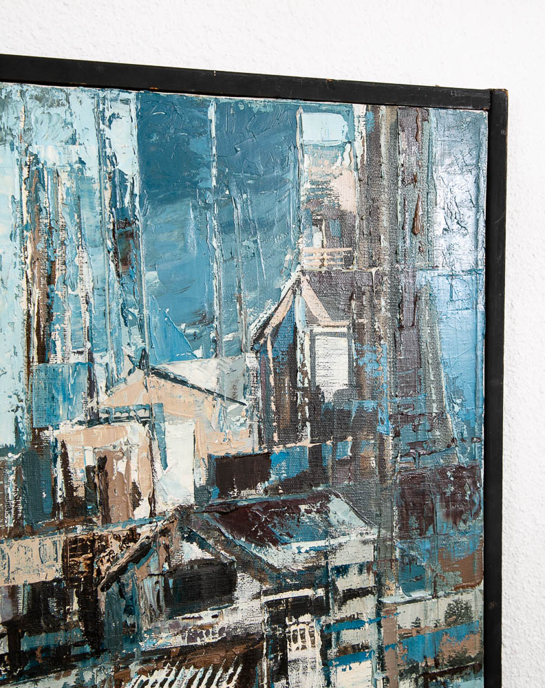 Mid Century Modern Abstract Cityscape Painting Original Art Blue Framed Signed - Image 5