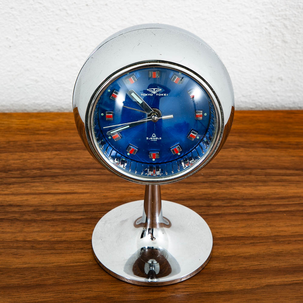Mid Century Modern Alarm Clock Tokyo Tokei Space Age Chrome Orb Blue Pedestal - Image 4