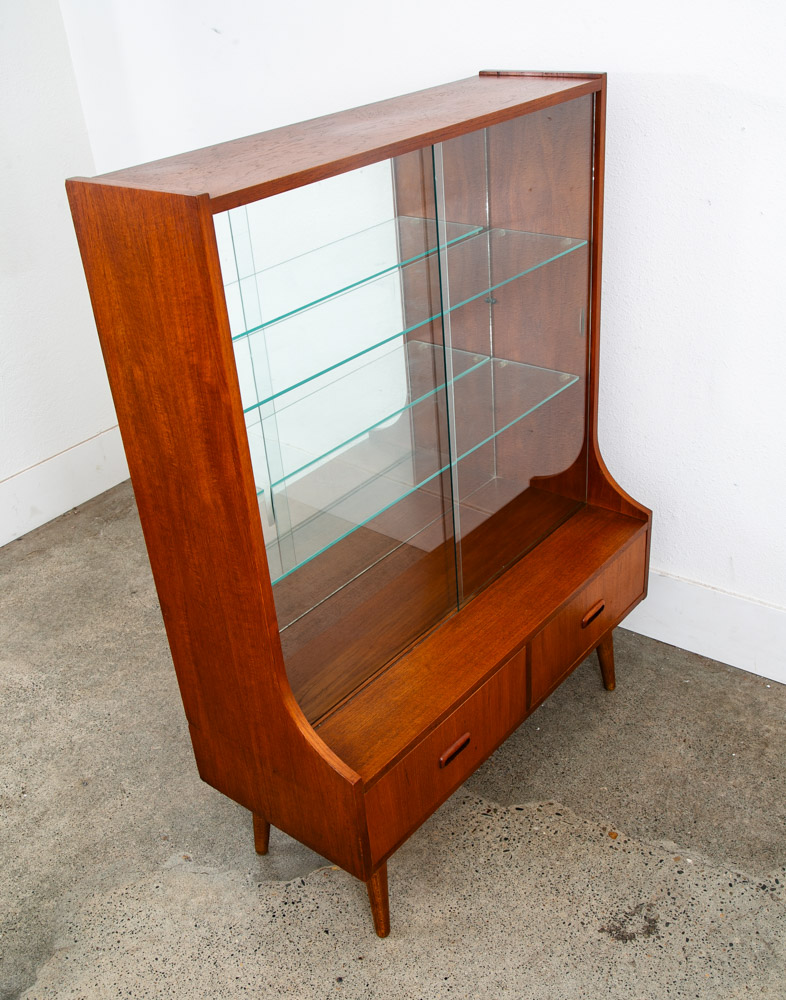 Mid Century Danish Modern Bookshelf Cabinet Teak Shelves Glass Shelves 2 Drawers - Image 10