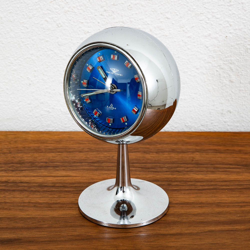 Mid Century Modern Alarm Clock Tokyo Tokei Space Age Chrome Orb Blue Pedestal - Image 5