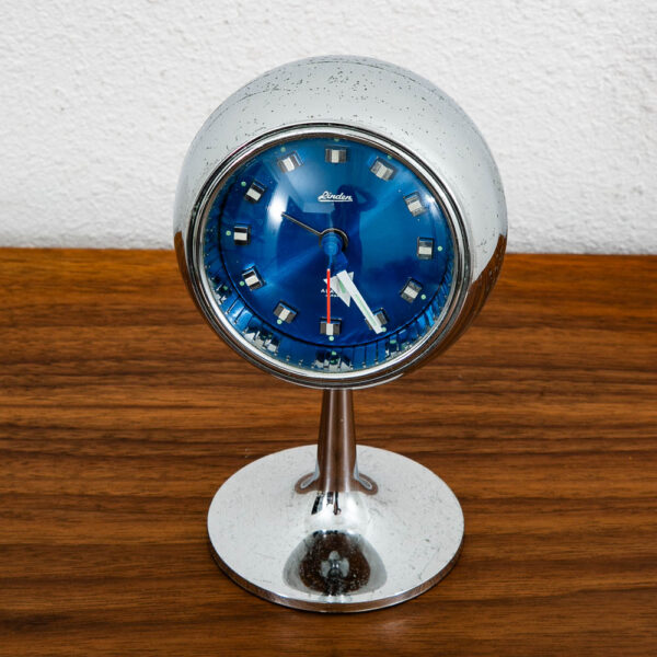 Mid Century Modern Alarm Clock Linden Japan Space Age Chrome Orb Blue Pedestal - Image 7