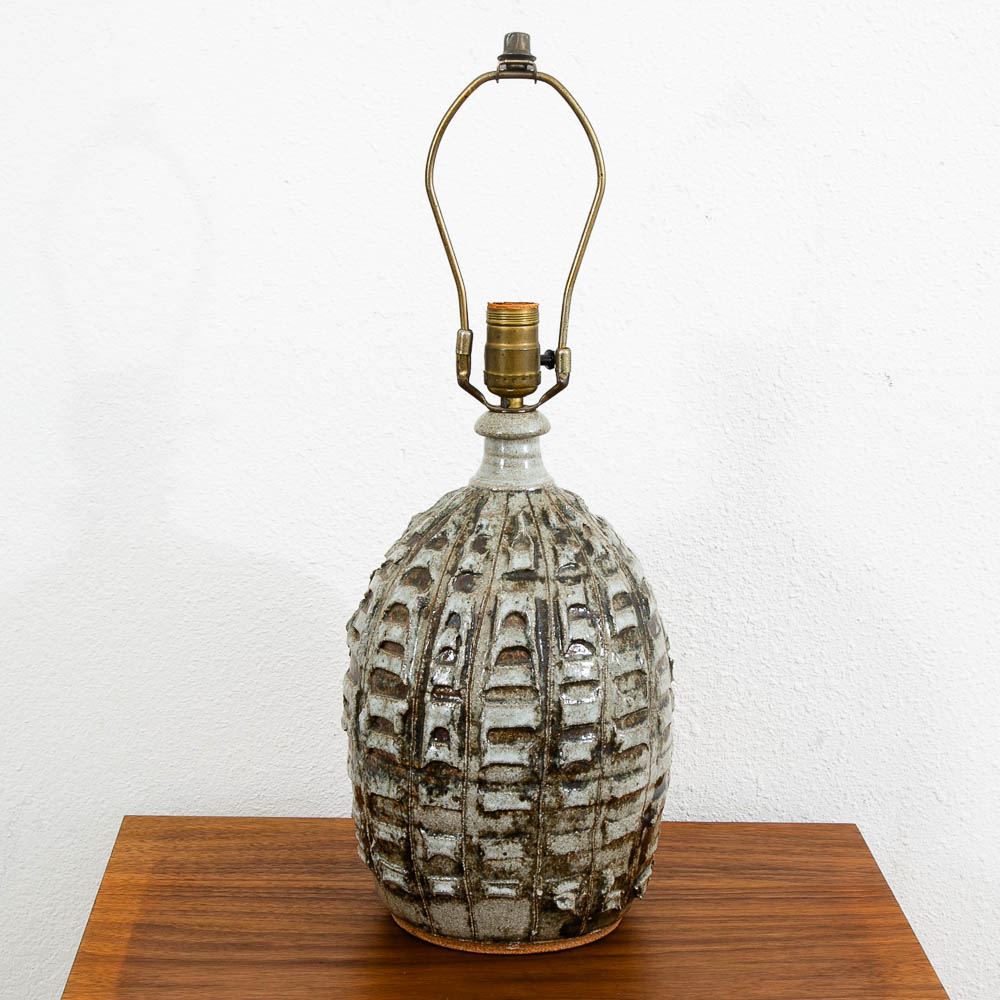 Mid Century Modern Table Lamp Textured Studio Pottery Ceramic Round Tan Mcm