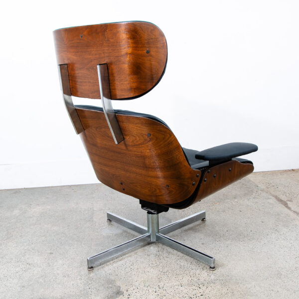 Mid Century Modern Lounge Chair Selig Plycraft Black Leather Swivel Walnut Metal - Image 5